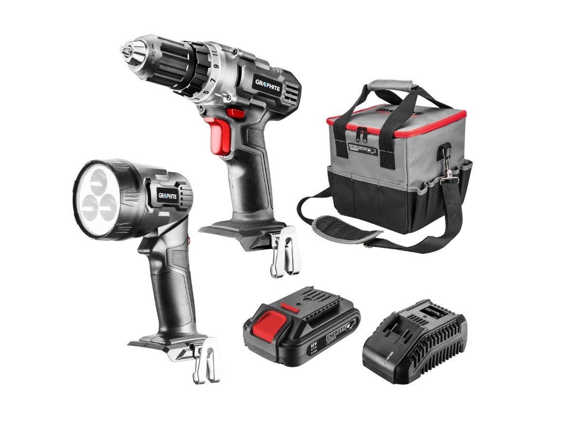 Zestaw: wiertarko-wkrętarka, latarka, torba, akumulator Energy+ 58G016 - GRAPHITE